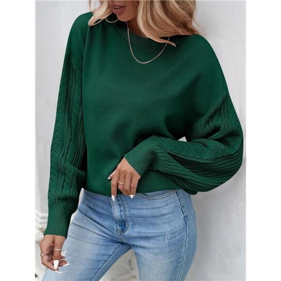 Women's 2025 Fall Long Sleeve Crew Neck Solid Color Cable Knit Chunky - Picture 2 of 7